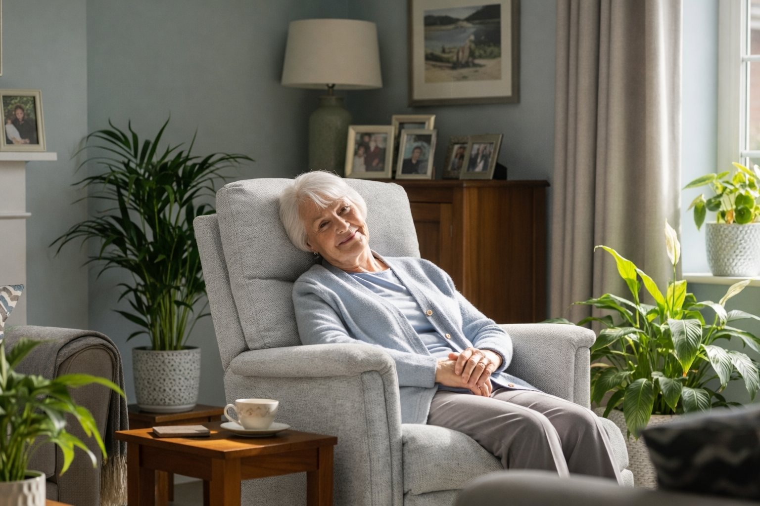 Peaceful elderly woman relaxing in a modern British riser recliner chair