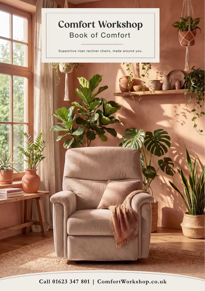 Comfort Workshop Book of Comfort brochure, with a British-made riser recliner on the cover